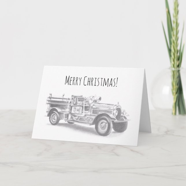 vintage firetruck pencil sketch fireman drawing  holiday card (Front)