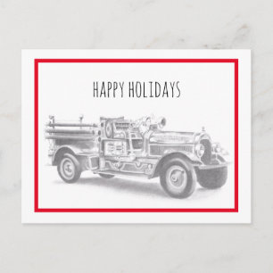 vintage firetruck pencil sketch fireman drawing   holiday postcard
