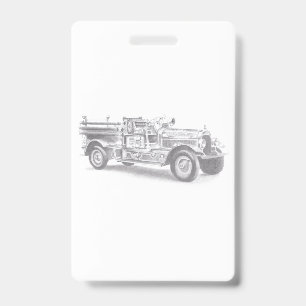 vintage firetruck pencil sketch fireman drawing ID badge