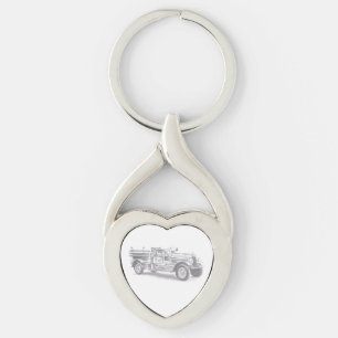vintage firetruck pencil sketch fireman drawing  key ring