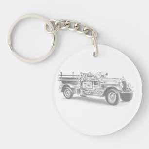 vintage firetruck pencil sketch fireman drawing  key ring