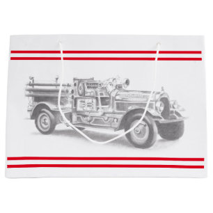 vintage firetruck pencil sketch fireman drawing large gift bag