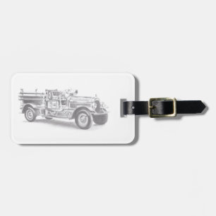 vintage firetruck pencil sketch fireman drawing luggage tag
