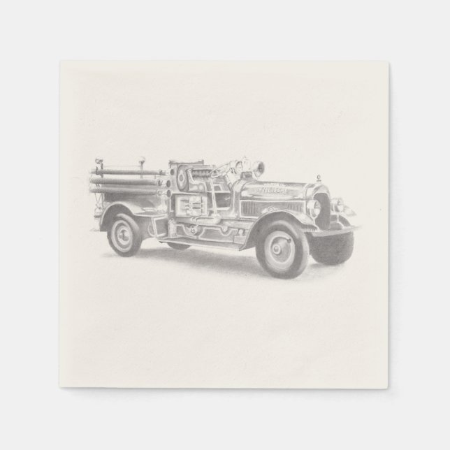 vintage firetruck pencil sketch fireman drawing  napkin (Front)