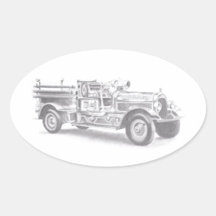 vintage firetruck pencil sketch fireman drawing oval sticker