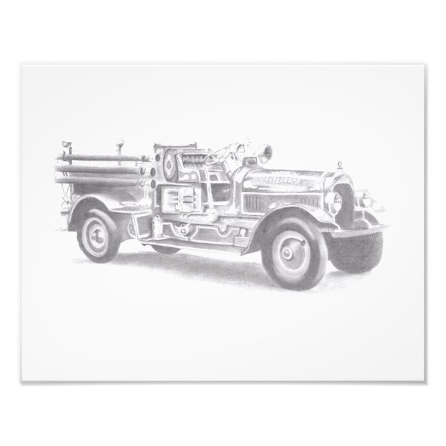vintage firetruck pencil sketch fireman drawing  photo print (Front)