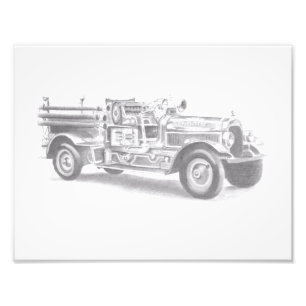 vintage firetruck pencil sketch fireman drawing  photo print
