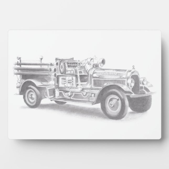 vintage firetruck pencil sketch fireman drawing  plaque (Front)