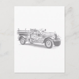 vintage firetruck pencil sketch fireman drawing  postcard