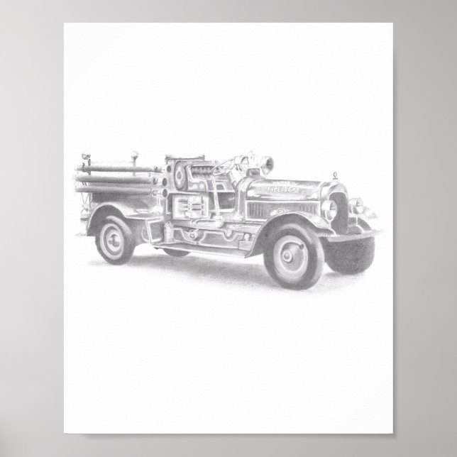 vintage firetruck pencil sketch fireman drawing  poster (Front)