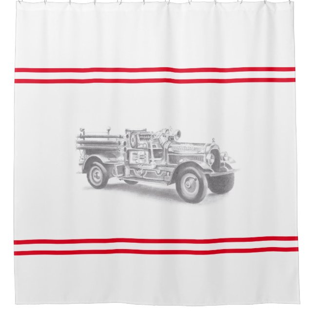 vintage firetruck pencil sketch fireman drawing  shower curtain (Front)