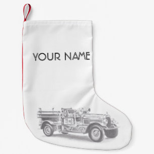 vintage firetruck pencil sketch fireman drawing  small christmas stocking