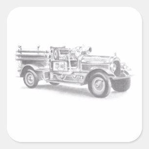 vintage firetruck pencil sketch fireman drawing square sticker