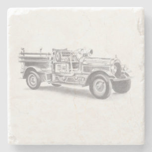 vintage firetruck pencil sketch fireman drawing stone coaster