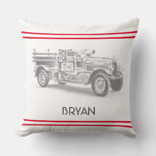 vintage firetruck pencil sketch fireman drawing  t cushion