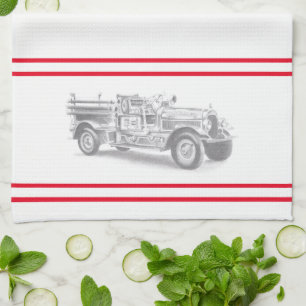 vintage firetruck pencil sketch fireman drawing tea towel