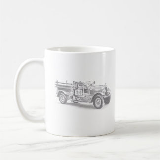 vintage firetruck pencil sketch fireman drawing to coffee mug
