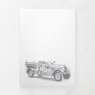 vintage firetruck pencil sketch fireman drawing Tri-Fold holiday card