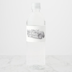 vintage firetruck pencil sketch fireman drawing water bottle label