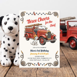 Vintage Firetruck Three Cheers 3rd Birthday Invitation