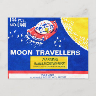 Vintage Firework Rocket Moon Traveller Label Postcard