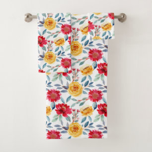 Vintage Firey Red Orange Yellow Floral Pattern Bath Towel Set