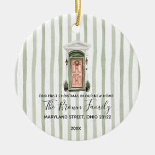 Vintage First Christmas In New Home Green Stripes Ceramic Tree Decoration