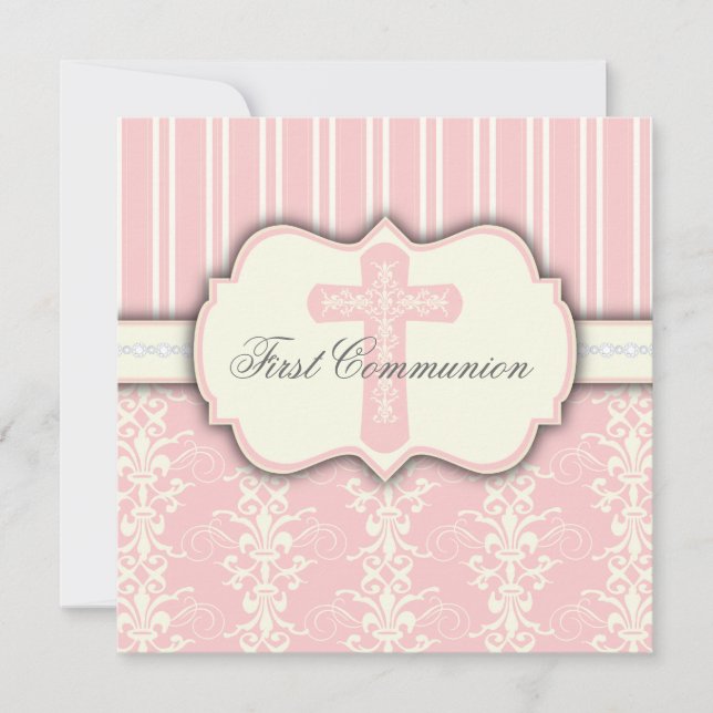Vintage First Communion Pink Damask Invitation (Front)
