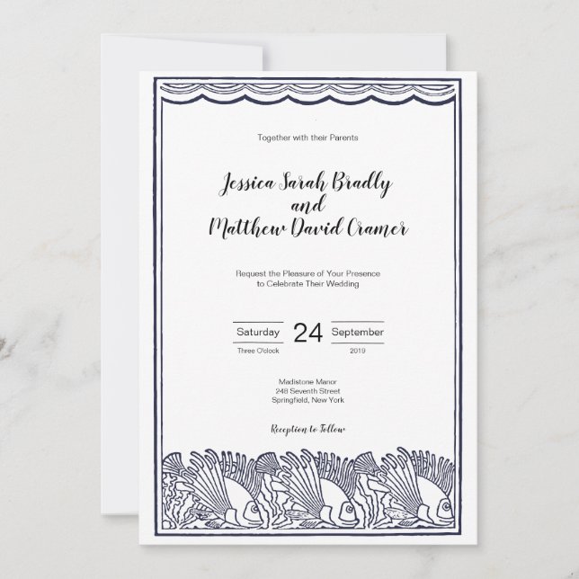Vintage Fish and Waves Beach Wedding Invitation (Front)