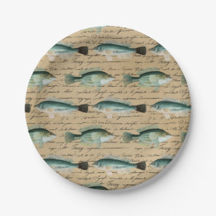 Vintage Fish Art Handwriting Text Cream Colour Fis Paper Plate