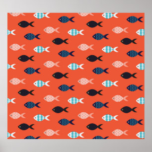 Vintage fish, coral red pattern. poster