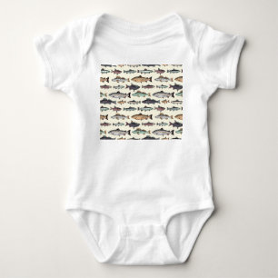 Vintage fish drawings, seamless pattern. baby bodysuit