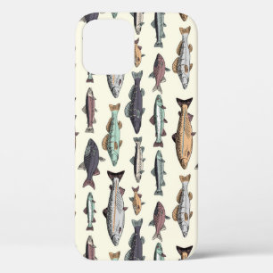 Vintage fish drawings, seamless pattern. iPhone 12 case