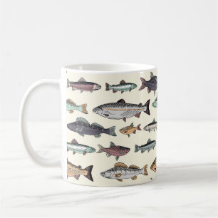 Vintage fish drawings, seamless pattern. coffee mug