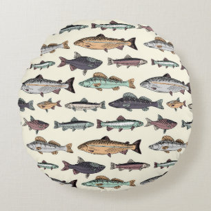 Vintage fish drawings, seamless pattern. round cushion