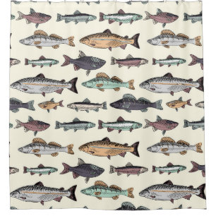 Vintage fish drawings, seamless pattern. shower curtain