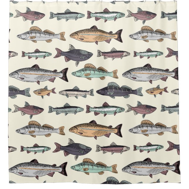 Vintage fish drawings, seamless pattern. shower curtain (Front)