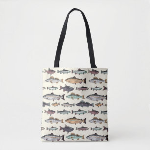 Vintage fish drawings, seamless pattern. tote bag
