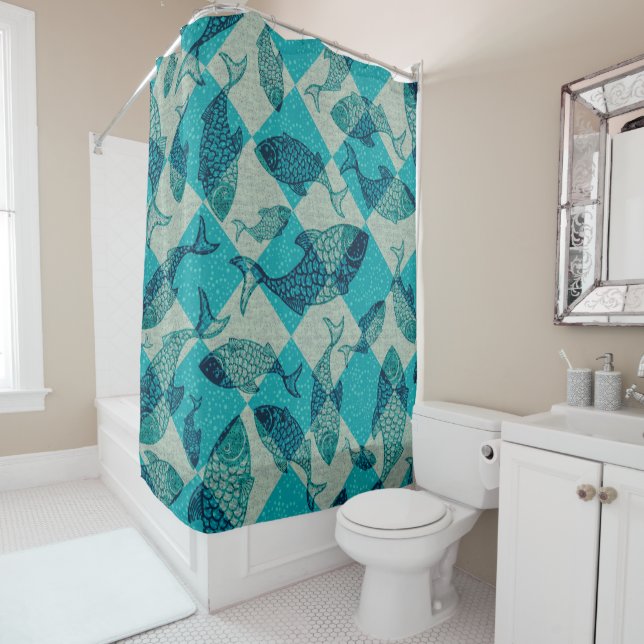 Vintage Fish Harlequin Grunge Background | Shower Curtain (In Situ)