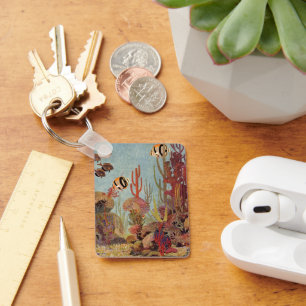 Vintage Fish in Ocean, Tropical Coral Angelfish Key Ring