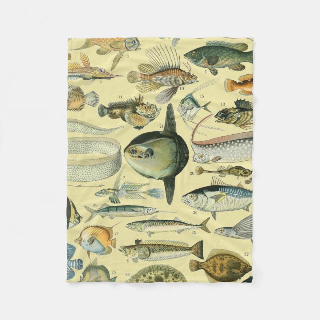 Vintage Fish Scientific Fishing Art Fleece Blanket (Front)