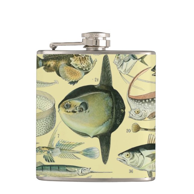 Vintage Fish Scientific Fishing Art Hip Flask (Front)