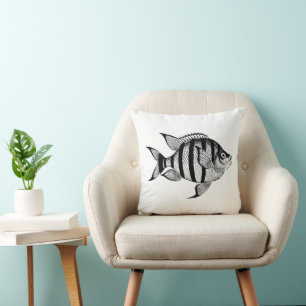Vintage fish sealife ocean animals illustration Cushion