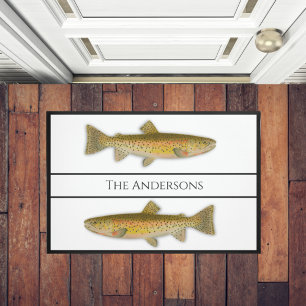Vintage fish watercolor trout pattern Black white Doormat