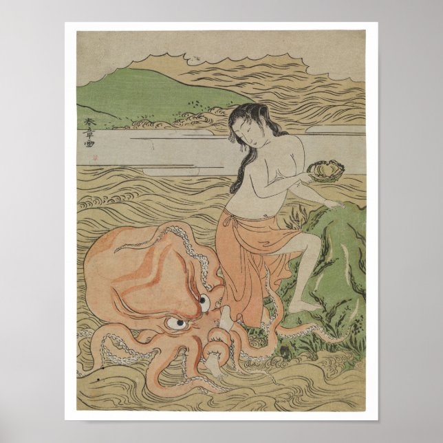 Vintage Fishergirl With An Octopus, Retro Japan  Poster (Front)