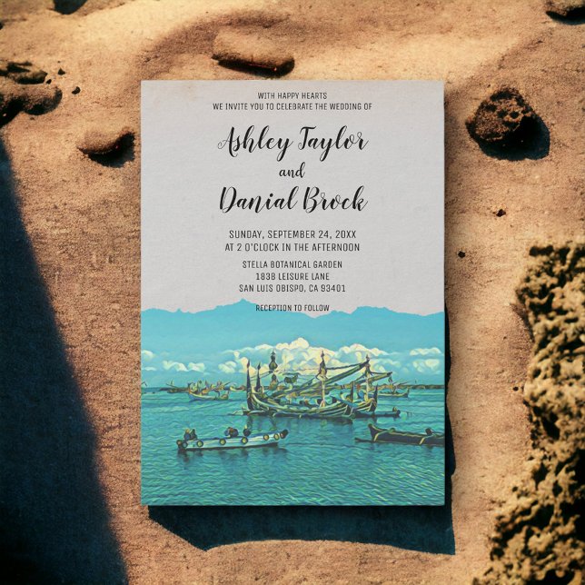 Vintage fishing boat coastal destination wedding invitation (Creator Uploaded)