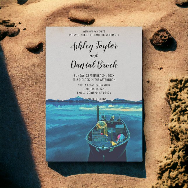 Vintage fishing boat navy blue destination wedding invitation (Creator Uploaded)