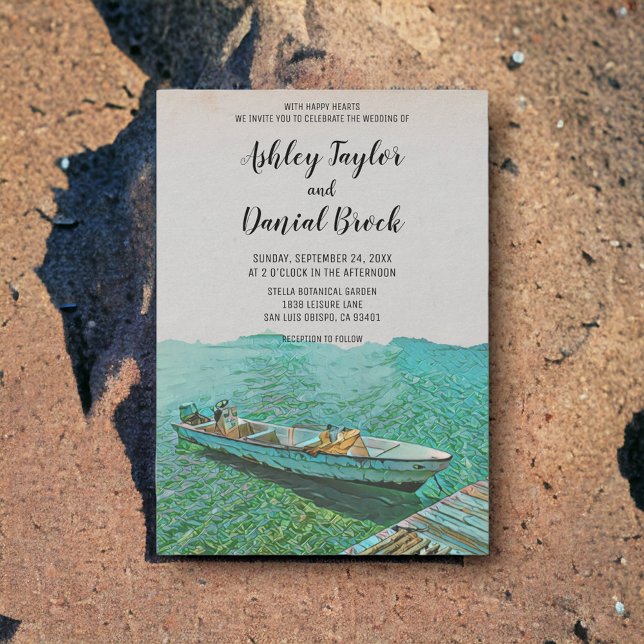Vintage fishing boat seaside destination wedding invitation (Creator Uploaded)