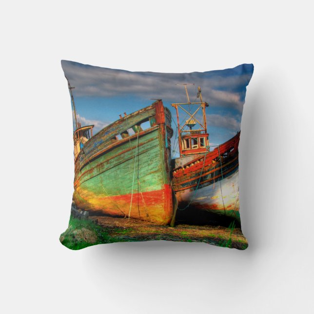 Vintage Fishing Boats Dramatic Colors Cushion (Front)
