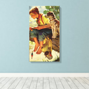 Vintage Fishing, Boy with His Puppy and Worms Canvas Print